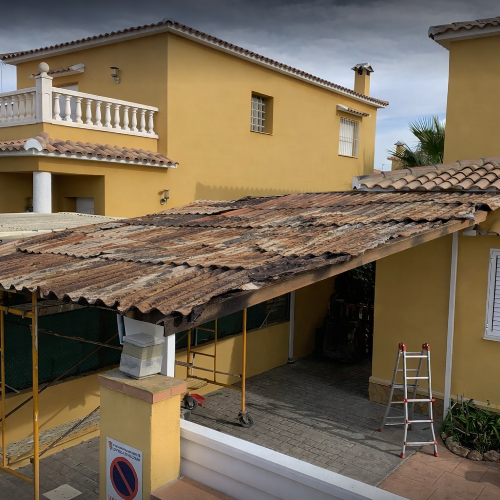 Garaje residencial durante la sustitución de su cubierta por panel sandwich