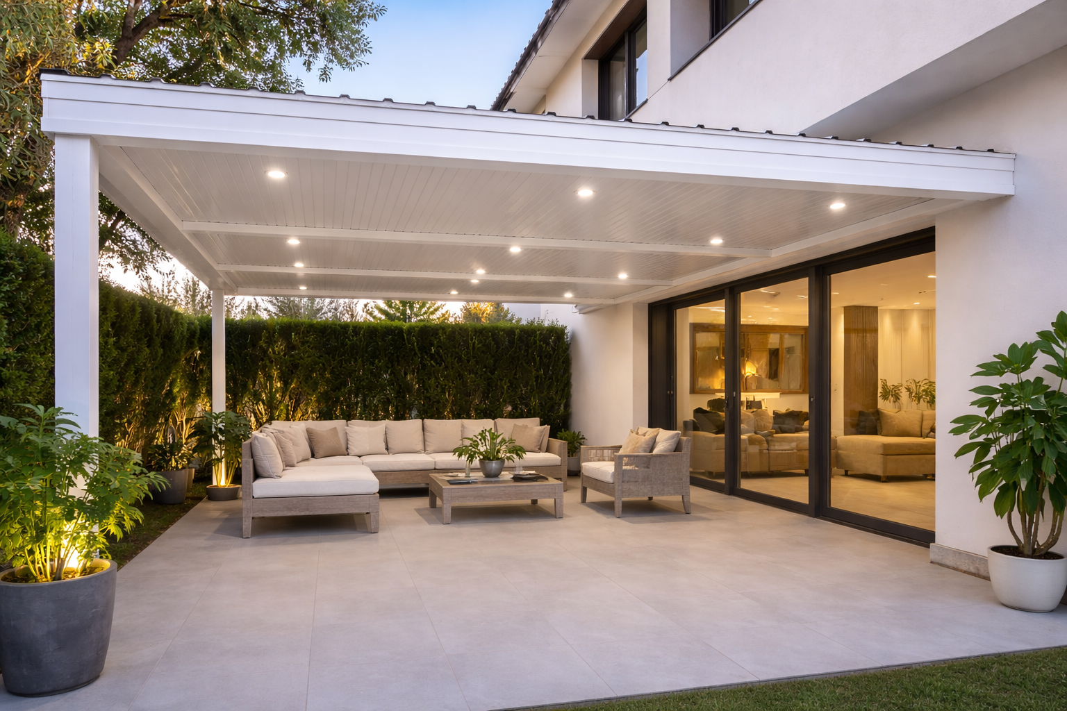 Porche de vivienda cubierto con panel sandwich